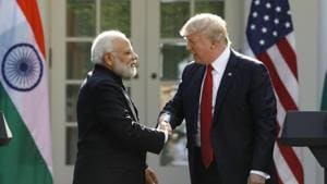 US President Donald Trump (right) greets Prime Minister Narendra Modi during their joint news conference at the White House in Washington.(Reuters File Photo)