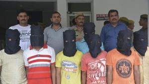 Ghaziabad police arrested seven persons on charges of looting a truck loaded with medicines and medical equipment . Three other gang members are on the run.(Sakib Ali / HT Photo) Ghaziabad police arrested seven persons on charges of looting a truck loaded with medicines and medical equipment . Three other gang members are on the run.(Sakib Ali / HT Photo)