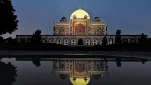 The illuminated grand white marble dome of Humayun’s Tomb seen in New Delhi on Tuesday.(Amal KS /HT Photo)