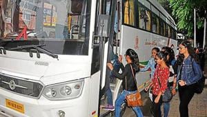 Students boarding a bus from Sector 15, Chandigarh, for Kasuali trip, organised by the NSUI, on Wednesday.(HT Photo) Students boarding a bus from Sector 15, Chandigarh, for Kasuali trip, organised by the NSUI, on Wednesday.(HT Photo)