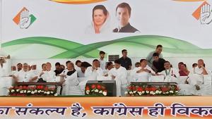 Congress national general secretary Ashok Gehlot and state president Sachin Pilot along with other leaders at the Vijay Sankalp rally in Pachpadra on Wednesday. (HT Photo) Congress national general secretary Ashok Gehlot and state president Sachin Pilot along with other leaders at the Vijay Sankalp rally in Pachpadra on Wednesday. (HT Photo)