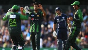 Pakistan's Hasan Ali (C) celebrates with Pakistan's Sarfraz Ahmed (L) after taking a wicket.(AFP) Pakistan's Hasan Ali (C) celebrates with Pakistan's Sarfraz Ahmed (L) after taking a wicket.(AFP)
