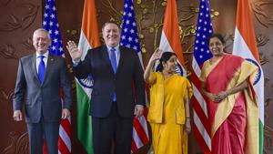 External affairs minister Sushma Swaraj, defence minister Nirmala Sitharaman (right) with US Secretary of State Mike Pompeo and US Secretary of Defence James Mattis (left) pose for a group photo before the start of India-US 2 + 2 Dialogue, in New Delhi, on September 6, 2018.(PTI) External affairs minister Sushma Swaraj, defence minister Nirmala Sitharaman (right) with US Secretary of State Mike Pompeo and US Secretary of Defence James Mattis (left) pose for a group photo before the start of India-US 2 + 2 Dialogue, in New Delhi, on September 6, 2018.(PTI)