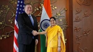US secretary of state Mike Pompeo shakes hands with foreign minister Sushma Swaraj before the start of their meeting in New Delhi.(REUTERS)
