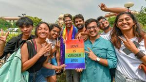 People react after the Supreme Court verdict which decriminalises consensual gay sex, outside the Supreme Court in New Delhi.(PTI) People react after the Supreme Court verdict which decriminalises consensual gay sex, outside the Supreme Court in New Delhi.(PTI)