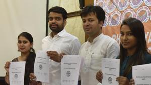ABVP National Media Coordinator Monika Chaudhary, DUSU president candidate Ankiv Baisova, ABVP National General Secretary Ashish Chauhan and DUSU Joint Secretary candidate Jyoti Chaudhary release ABVP manifesto for DUSU election at Press Club in New Delhi on Thursday.(Mohd Zakir/HT Photo) ABVP National Media Coordinator Monika Chaudhary, DUSU president candidate Ankiv Baisova, ABVP National General Secretary Ashish Chauhan and DUSU Joint Secretary candidate Jyoti Chaudhary release ABVP manifesto for DUSU election at Press Club in New Delhi on Thursday.(Mohd Zakir/HT Photo)
