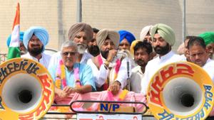 Former Congress MP Jagmeet Singh Brar (centre) and suspended AAP MP Dr Dharamvira Gandhi (second from left)during a march in Bathinda on Thursday.(Sanjeev Kumar/HT) Former Congress MP Jagmeet Singh Brar (centre) and suspended AAP MP Dr Dharamvira Gandhi (second from left)during a march in Bathinda on Thursday.(Sanjeev Kumar/HT)
