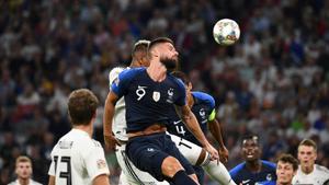 France's forward Olivier Giroud heads the ball during the UEFA Nations League football match Germany against France on September 6, 2018 at the Allianz Arena in Munich, southern Germany.(AFP) France's forward Olivier Giroud heads the ball during the UEFA Nations League football match Germany against France on September 6, 2018 at the Allianz Arena in Munich, southern Germany.(AFP)