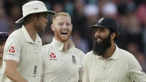 England's Ben Stokes, center, celebrates taking the wicket of India wicketkeeper Rishabh Pant at the Oval.(AP) England's Ben Stokes, center, celebrates taking the wicket of India wicketkeeper Rishabh Pant at the Oval.(AP)