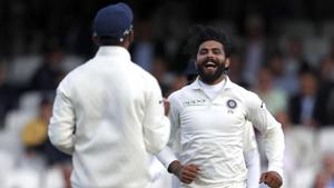 India's Ravindra Jadeja (R) celebrates after taking the wicket of England's Ben Stokes during play on the first day of the fifth Test cricket match between England and India at The Oval in London on September 7, 2018.(AFP) India's Ravindra Jadeja (R) celebrates after taking the wicket of England's Ben Stokes during play on the first day of the fifth Test cricket match between England and India at The Oval in London on September 7, 2018.(AFP)