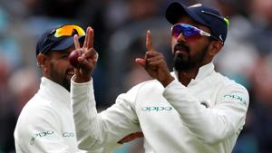KL Rahul celebrates taking a catch to dismiss England's Stuart Broad during the fifth Test match at the Oval.(REUTERS) KL Rahul celebrates taking a catch to dismiss England's Stuart Broad during the fifth Test match at the Oval.(REUTERS)