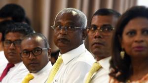 Maldives' main opposition leader and presidential candidate Ibrahim Mohamed Solih (C) and Maldives' self-imposed exiled former president Mohamed Nasheed (2nd R) attend a meeting at Mount Lavinia, a suburb of Colombo, on August 27, 2018.(AFP) Maldives' main opposition leader and presidential candidate Ibrahim Mohamed Solih (C) and Maldives' self-imposed exiled former president Mohamed Nasheed (2nd R) attend a meeting at Mount Lavinia, a suburb of Colombo, on August 27, 2018.(AFP)
