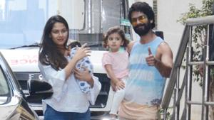 Shahid Kapoor with wife Mira Rajput, son Zain and daughter Misha. Shahid Kapoor with wife Mira Rajput, son Zain and daughter Misha.