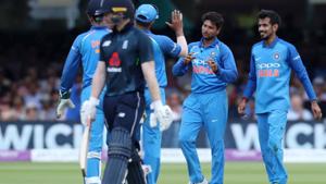 India's Kuldeep Yadav celebrates with team mates after taking the wicket of England's Eoin Morgan.(Action Images via Reuters) India's Kuldeep Yadav celebrates with team mates after taking the wicket of England's Eoin Morgan.(Action Images via Reuters)