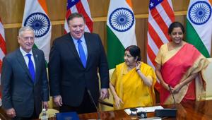 External affairs minister Sushma Swaraj, defence minister Nirmala Sitharaman, US secretary of state Mike Pompeo and US secretary of defense James Mattis at a joint press conference after the India-US 2 + 2 Dialogue, in New Delhi, on September 6, 2018.(PTI) External affairs minister Sushma Swaraj, defence minister Nirmala Sitharaman, US secretary of state Mike Pompeo and US secretary of defense James Mattis at a joint press conference after the India-US 2 + 2 Dialogue, in New Delhi, on September 6, 2018.(PTI)