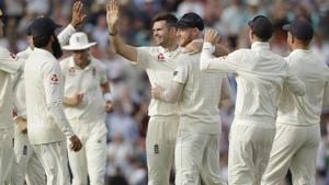 James Anderson, center, celebrates taking the wicket of India's Shikhar Dhawan.(AP) James Anderson, center, celebrates taking the wicket of India's Shikhar Dhawan.(AP)