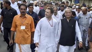 Congress President Rahul Gandhi and other party leaders during 'Bharat Bandh' protest march against fuel price hike and depreciation of the rupee, at Rajghat in New Delhi.(PTI Photo) Congress President Rahul Gandhi and other party leaders during 'Bharat Bandh' protest march against fuel price hike and depreciation of the rupee, at Rajghat in New Delhi.(PTI Photo)