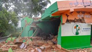 A Trinamool Congress party office collapses after a high intensity explosion inside it, at a village in Birbhum district on Monday.(PTI) A Trinamool Congress party office collapses after a high intensity explosion inside it, at a village in Birbhum district on Monday.(PTI)