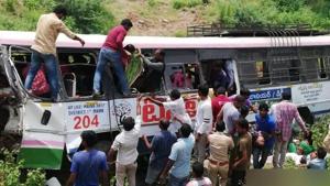 At least 40 people, including 25 women, wer feared dead in a bus accident in Telangana on Tuesday.(ANI) At least 40 people, including 25 women, wer feared dead in a bus accident in Telangana on Tuesday.(ANI)