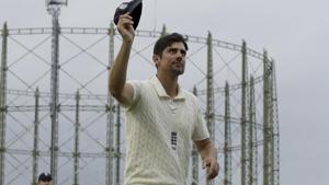 England's Alastair Cook, at the end of his last ever match before retiring from test cricket, raises his cap.(AP) England's Alastair Cook, at the end of his last ever match before retiring from test cricket, raises his cap.(AP)