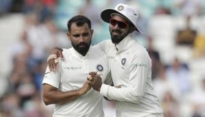 Mohammed Shami (left) celebrates after dismissing Jonny Bairstow at the Oval on Monday.(AP) Mohammed Shami (left) celebrates after dismissing Jonny Bairstow at the Oval on Monday.(AP)