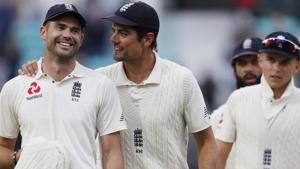 England's James Anderson (L) celebrates with England's Alastair Cook after taking the wicket of India's Mohammed Shami.(AFP) England's James Anderson (L) celebrates with England's Alastair Cook after taking the wicket of India's Mohammed Shami.(AFP)
