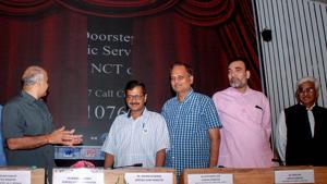Delhi chief minister Arvind Kejriwal and deputy CM Manish Sisodia at the launch of the doorstep service delivery scheme in New Delhi.(PTI) Delhi chief minister Arvind Kejriwal and deputy CM Manish Sisodia at the launch of the doorstep service delivery scheme in New Delhi.(PTI)