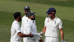 Cricket - England v India - Fifth Test - Kia Oval, London, Britain - September 10, 2018 England's Alastair Cook shakes hands with India's Virat Kohli after losing his wicket(REUTERS) Cricket - England v India - Fifth Test - Kia Oval, London, Britain - September 10, 2018 England's Alastair Cook shakes hands with India's Virat Kohli after losing his wicket(REUTERS)