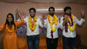 Akhil Bhartiya Vidyarthi Parishad (ABVP) candidates for Delhi University Students Union (DUSU) election (from right) Ankiv Baisoya for President, Shakti Singh for Vice President, Sudhir Dedha for Secretary and Jyoti Chaudhary for Joint Secretary during their introduction at a press conference at ABVP office, in New Delhi, on September 5, 2018.(Mohd Zakir/HT Photo) Akhil Bhartiya Vidyarthi Parishad (ABVP) candidates for Delhi University Students Union (DUSU) election (from right) Ankiv Baisoya for President, Shakti Singh for Vice President, Sudhir Dedha for Secretary and Jyoti Chaudhary for Joint Secretary during their introduction at a press conference at ABVP office, in New Delhi, on September 5, 2018.(Mohd Zakir/HT Photo)