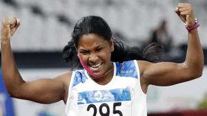 Swapna Barman of India celebrates after winning the Women's Heptathlon.(REUTERS) Swapna Barman of India celebrates after winning the Women's Heptathlon.(REUTERS)