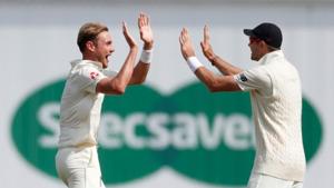 England's Stuart Broad (L) celebrates the wicket of India's Shikhar Dhawan(REUTERS) England's Stuart Broad (L) celebrates the wicket of India's Shikhar Dhawan(REUTERS)
