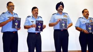 Air Chief Marshal BS Dhanoa (2nd from R), releases a souvenir during the inauguration of 57th Annual Conference of Indian Society of Aerospace Medicine in Bengaluru on Sep 14, 2018.(PTI) Air Chief Marshal BS Dhanoa (2nd from R), releases a souvenir during the inauguration of 57th Annual Conference of Indian Society of Aerospace Medicine in Bengaluru on Sep 14, 2018.(PTI)