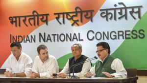 Senior Congress leader PL Punia (R) speaks as party president Rahul Gandhi and senior leader Ashok Gehlot look on, during a press conference in New Delhi on September 13.(PTI Photo) Senior Congress leader PL Punia (R) speaks as party president Rahul Gandhi and senior leader Ashok Gehlot look on, during a press conference in New Delhi on September 13.(PTI Photo)