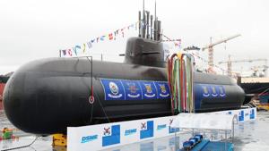The 3,000-tonne diesel-electric submarine, Dosan Ahn Chang-ho, is seen during a launching ceremony at a shipyard on the southern island of Geoje on September 14.(AFP Photo) The 3,000-tonne diesel-electric submarine, Dosan Ahn Chang-ho, is seen during a launching ceremony at a shipyard on the southern island of Geoje on September 14.(AFP Photo)