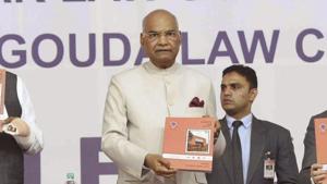 President Ram Nath Kovind poses with former Chief Justice of India Dipak Misra and others during the Platinum Jubilee celebration of Karnataka Law Society & Raja Lakhamgouda Law College at Belagavi, Saturday, Spet 15, 2018.(PTI) President Ram Nath Kovind poses with former Chief Justice of India Dipak Misra and others during the Platinum Jubilee celebration of Karnataka Law Society & Raja Lakhamgouda Law College at Belagavi, Saturday, Spet 15, 2018.(PTI)