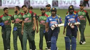 Sri Lanka's Amila Aponso, second right, and Lasith Malinga, in blue jerseys, leave the field with Bangladesh players at the end of one day international cricket match of Asia Cup between Sri Lanka and Bangladesh in Dubai.(AP) Sri Lanka's Amila Aponso, second right, and Lasith Malinga, in blue jerseys, leave the field with Bangladesh players at the end of one day international cricket match of Asia Cup between Sri Lanka and Bangladesh in Dubai.(AP)