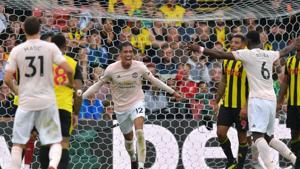 Manchester United's English defender Chris Smalling celebrates after scoring their second goal during the English Premier League football match between Watford and Manchester United.(AFP) Manchester United's English defender Chris Smalling celebrates after scoring their second goal during the English Premier League football match between Watford and Manchester United.(AFP)