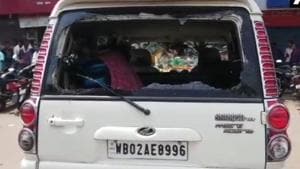 Bengal BJP president Dilip Ghosh said stones and bricks were hurled on party workers for 15 minutes. At least 10 BJP workers were injured and 30 motorbikes damaged, he said.(ANI/Twitter) Bengal BJP president Dilip Ghosh said stones and bricks were hurled on party workers for 15 minutes. At least 10 BJP workers were injured and 30 motorbikes damaged, he said.(ANI/Twitter)