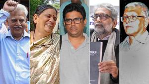 Rights activists (from left) P Varavara Rao, Sudha Bhardwaj, Arun Ferreira , Gautam Navlakha, and Vernon Gonsalves arrested in connection with the Bhima Koregaon violence case.(HT Combo Photo) Rights activists (from left) P Varavara Rao, Sudha Bhardwaj, Arun Ferreira , Gautam Navlakha, and Vernon Gonsalves arrested in connection with the Bhima Koregaon violence case.(HT Combo Photo)