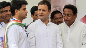 Congress president Rahul Gandhi, MP Jyotiraditya Scindia and state unit president Kamal Nath during a roadshow in Bhopal.(PTI) Congress president Rahul Gandhi, MP Jyotiraditya Scindia and state unit president Kamal Nath during a roadshow in Bhopal.(PTI)