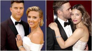 Saturday Night Live comedian Colin Jost, new girlfriend Scarlett Johansson and Justin Timberlake, wife Jessica Biel made it a date night at the 2018 Emmy Awards. (Instagram) Saturday Night Live comedian Colin Jost, new girlfriend Scarlett Johansson and Justin Timberlake, wife Jessica Biel made it a date night at the 2018 Emmy Awards. (Instagram)