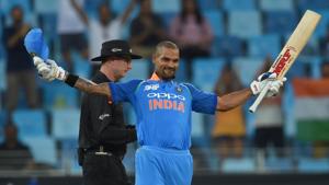 Indian batsman Shikhar Dhawan (R) celebrates after scoring a century (100 runs) during the one day international (ODI) Asia Cup cricket match.(AFP) Indian batsman Shikhar Dhawan (R) celebrates after scoring a century (100 runs) during the one day international (ODI) Asia Cup cricket match.(AFP)