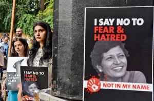 Demonstrators hold up placards against the murder of journalist Gauri Lankesh during a 'Not In My Name' protest in New Delhi on September 7, 2017.(AFP)