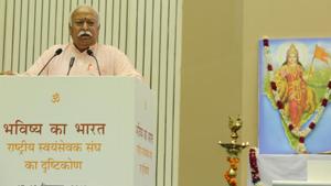 RSS chief Mohan Bhagwat was speaking at the event “Future of Bharat: An RSS perspective” at Vigyan Bhavan in New Delhi.(HT Photo) RSS chief Mohan Bhagwat was speaking at the event “Future of Bharat: An RSS perspective” at Vigyan Bhavan in New Delhi.(HT Photo)