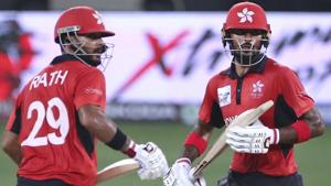 Hong Kong's captain Anshuman Rath, left, and Nizakat Khan run between the wickets during the one day international cricket match of Asia Cup.(AP) Hong Kong's captain Anshuman Rath, left, and Nizakat Khan run between the wickets during the one day international cricket match of Asia Cup.(AP)