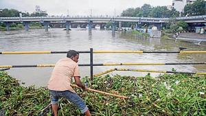 A Pune municipal corporation worker cleans the hyacinth and waste from Mutha river.(HT FILE PHOTO) A Pune municipal corporation worker cleans the hyacinth and waste from Mutha river.(HT FILE PHOTO)