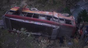 The bus on its way from Palampur to Chhatrari skidded off the road around 30km from Chamba town late on Wednesday.(HT Photo) The bus on its way from Palampur to Chhatrari skidded off the road around 30km from Chamba town late on Wednesday.(HT Photo)