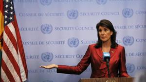 US’ ambassador to United Nations, Nikki Haley, speaks to the media ahead of the start of next weeks General Assembly meeting at New York City.(AFP Photo) US’ ambassador to United Nations, Nikki Haley, speaks to the media ahead of the start of next weeks General Assembly meeting at New York City.(AFP Photo)