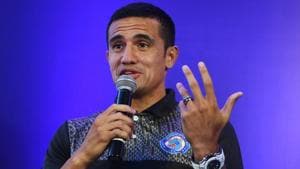 Tim Cahill of the Jamshedpur FC of the Indian Super League (ISL) gestures as he speaks during an event in Kolkata.(AFP) Tim Cahill of the Jamshedpur FC of the Indian Super League (ISL) gestures as he speaks during an event in Kolkata.(AFP)
