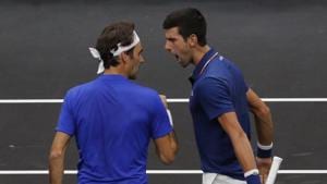 Team Europe's Roger Federer, left, and Novak Djokovic celebrate a point against Team World's Jack Sock and Kevin Anderson during a doubles tennis match at the Laver Cup.(AP) Team Europe's Roger Federer, left, and Novak Djokovic celebrate a point against Team World's Jack Sock and Kevin Anderson during a doubles tennis match at the Laver Cup.(AP)